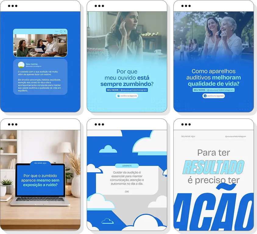 Social media audiologia com pack de posts para Instagram de cuidados auditivos e bem-estar