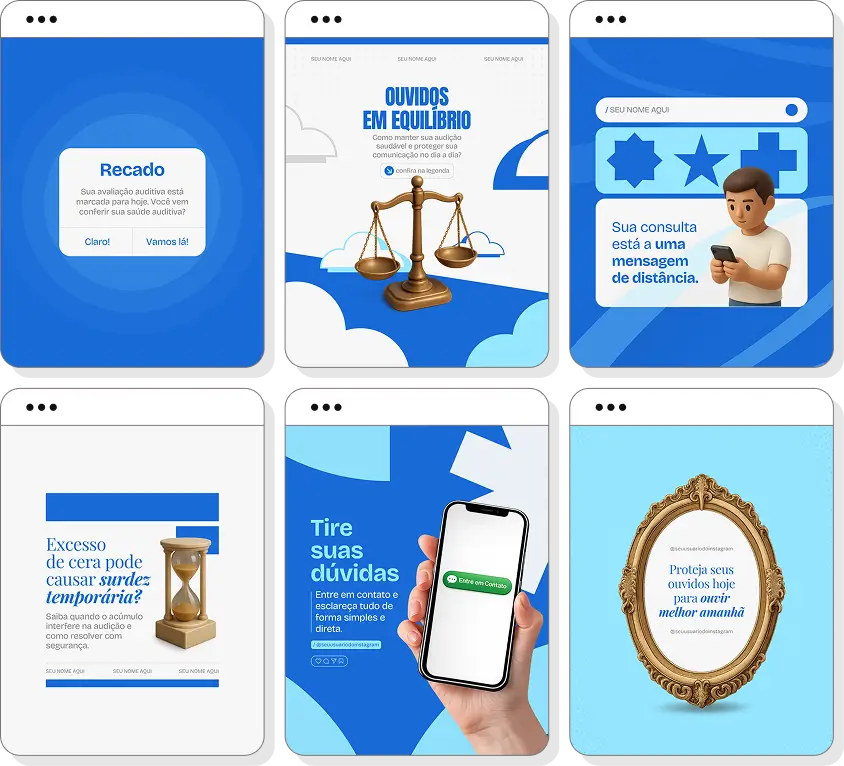 Pack Canva audiologia com ideias de posts para perfil de Instagram sobre saúde da audição