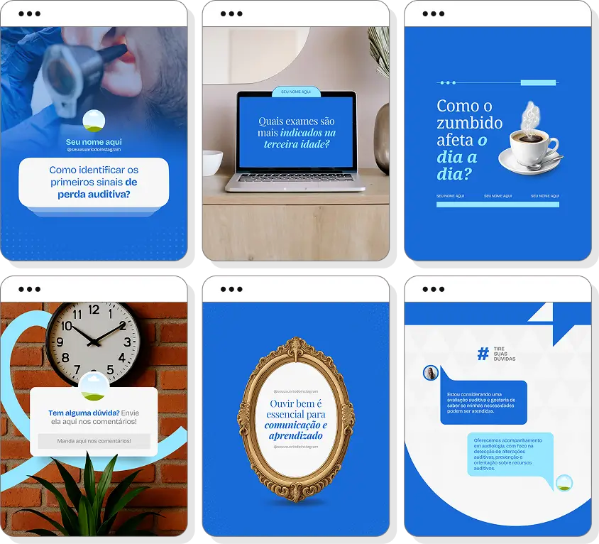 Pack de posts editáveis audiologia com foco em saúde auditiva, prevenção e qualidade de vida