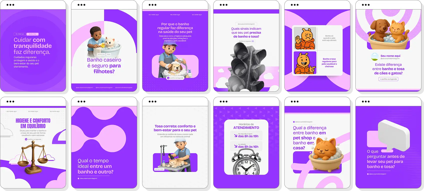 Posts para banho e tosa com ideias de conteúdo para Instagram sobre cuidados e higiene de pets