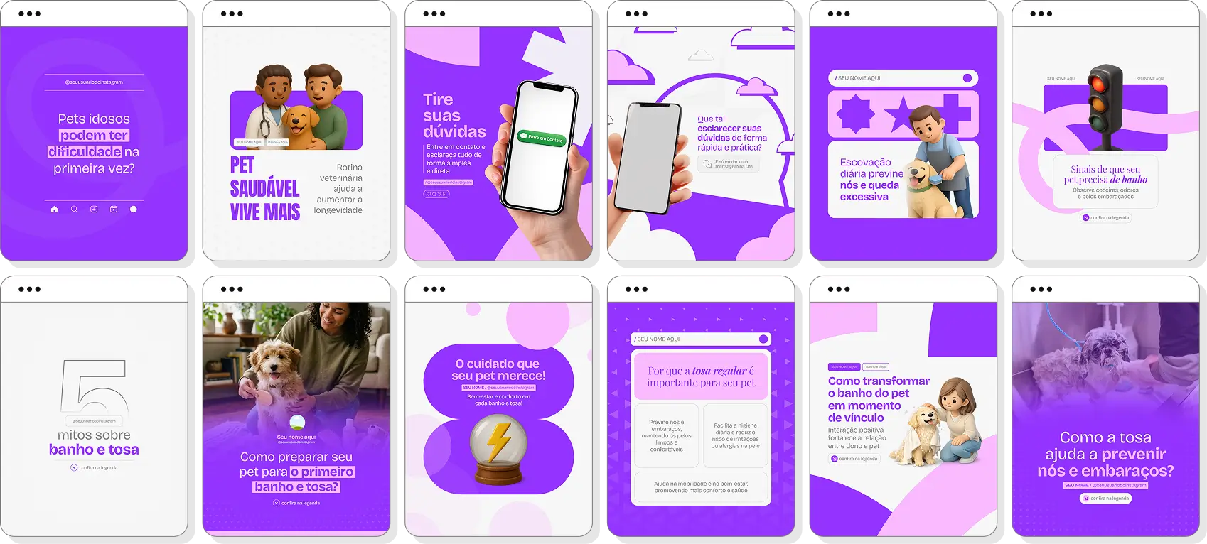 Pack Canva banho e tosa com posts editáveis para Instagram de pet shop, higiene e estética animal