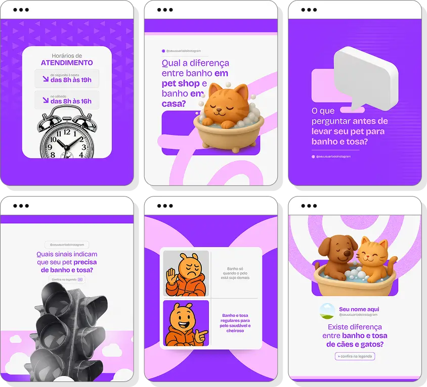 Pack de posts para banho e tosa com templates no Canva para Instagram de pet shop e cuidados com animais