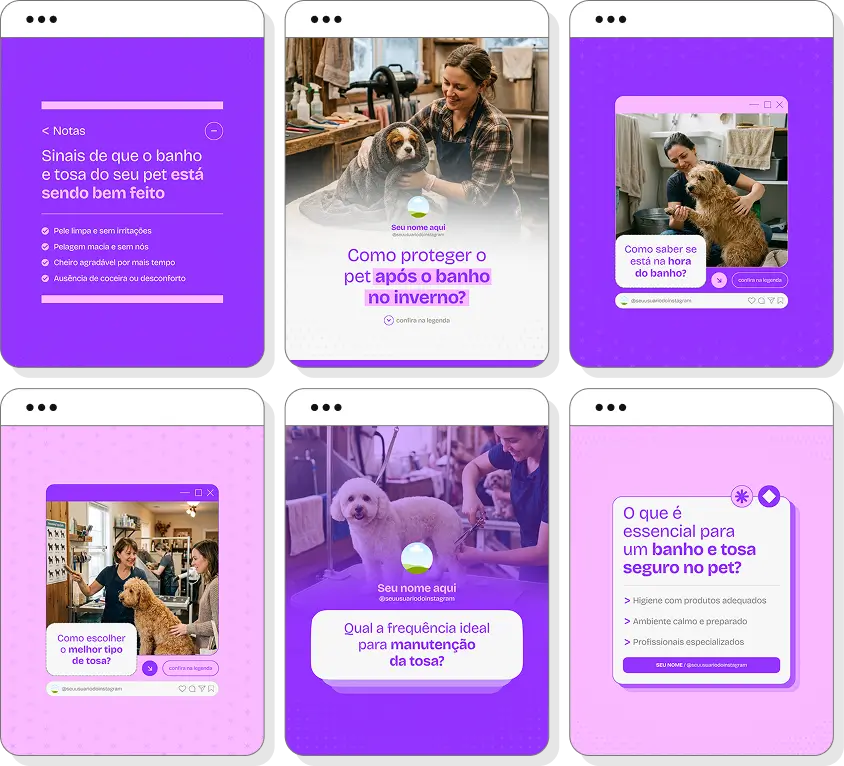 Social media banho e tosa com pack de posts para Instagram de pet shop e cuidados com animais