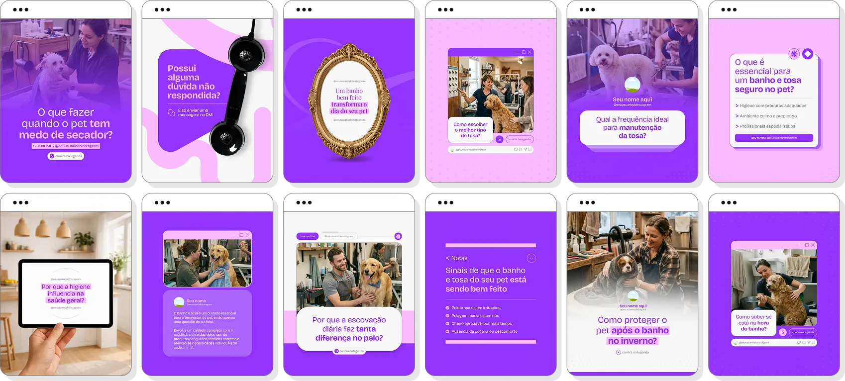 Pack de posts editáveis banho e tosa com foco em estética animal, higiene e bem-estar de pets