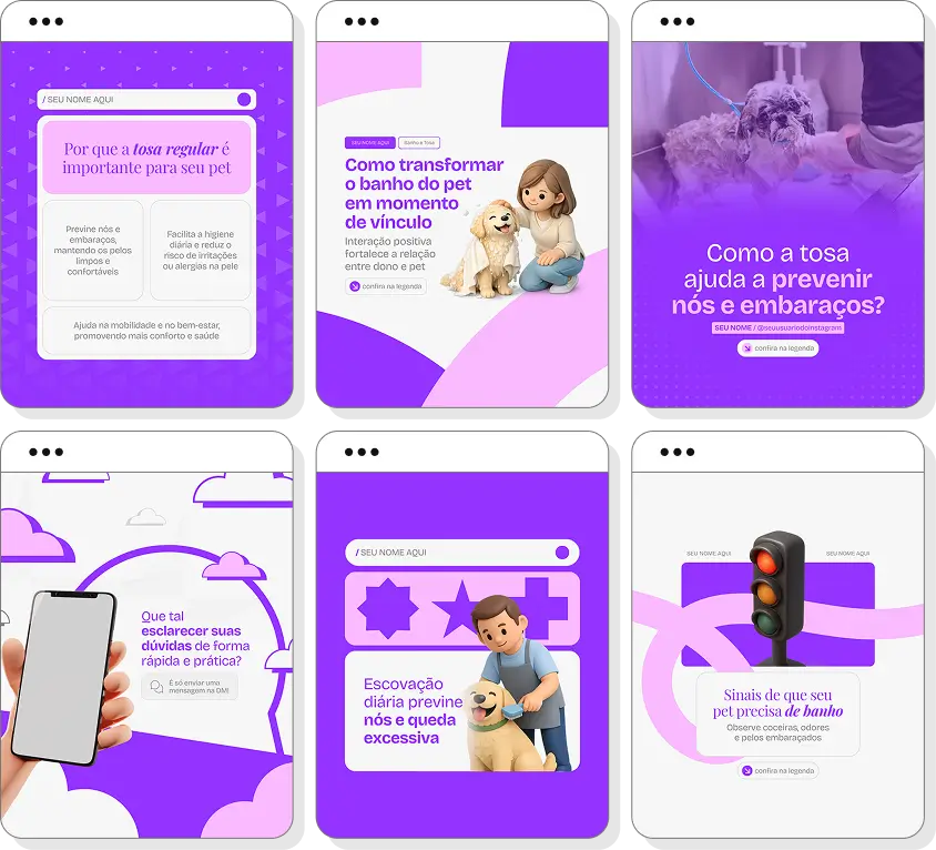 Pack social media banho e tosa com conteúdos para Instagram de estética e cuidados com pets