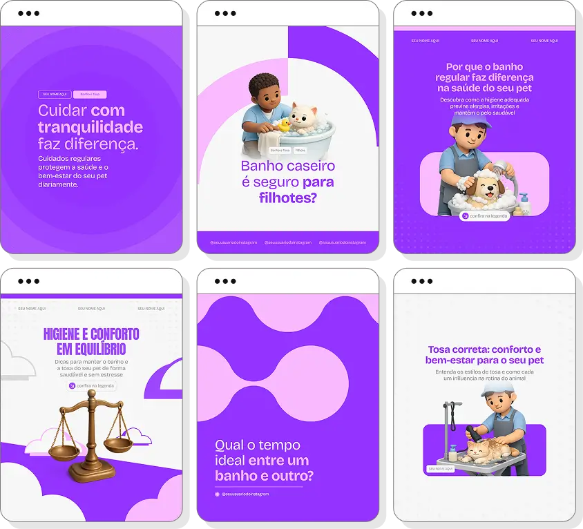 Pack Canva banho e tosa com ideias de posts para perfil de Instagram sobre higiene e estética pet