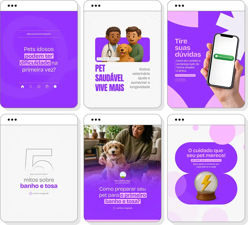 Pack de posts para Instagram banho e tosa com artes editáveis sobre higiene e bem-estar animal