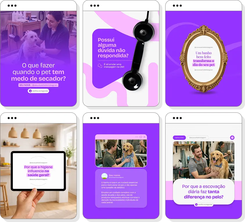 Posts para perfil de banho e tosa no Instagram com templates Canva sobre cuidados com pets