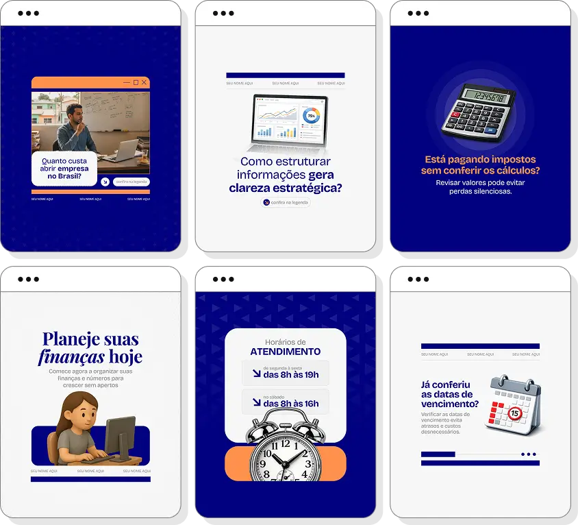 Pack de posts editáveis contabilidade com foco em finanças, contabilidade empresarial e organização fiscal
