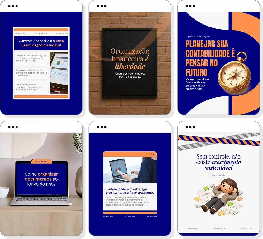 Pack de posts editáveis contabilidade com Instagram de organização financeira e serviços contábeis