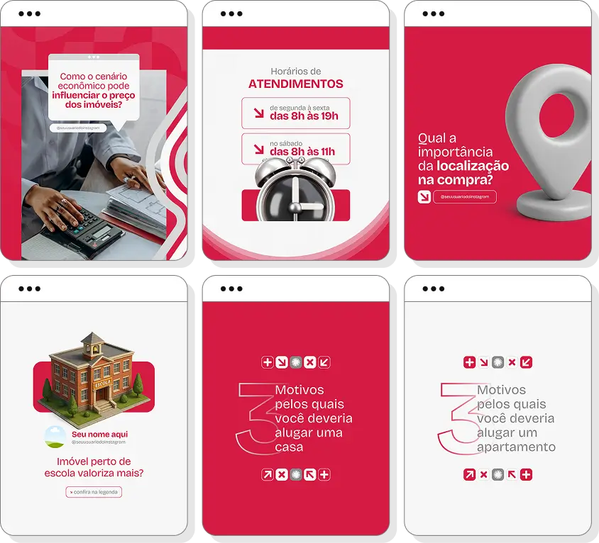 Posts para corretor de imóveis com pack de conteúdo editável no Canva para Instagram imobiliário