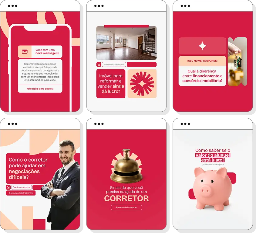 Pack Canva corretor de imóveis com conteúdos editáveis para social media de imóveis e vendas imobiliárias
