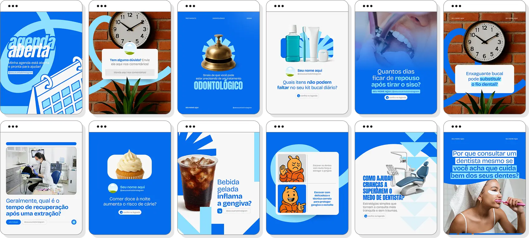 Posts para dentista com ideias de conteúdo para Instagram sobre higiene bucal e cuidados com os dentes