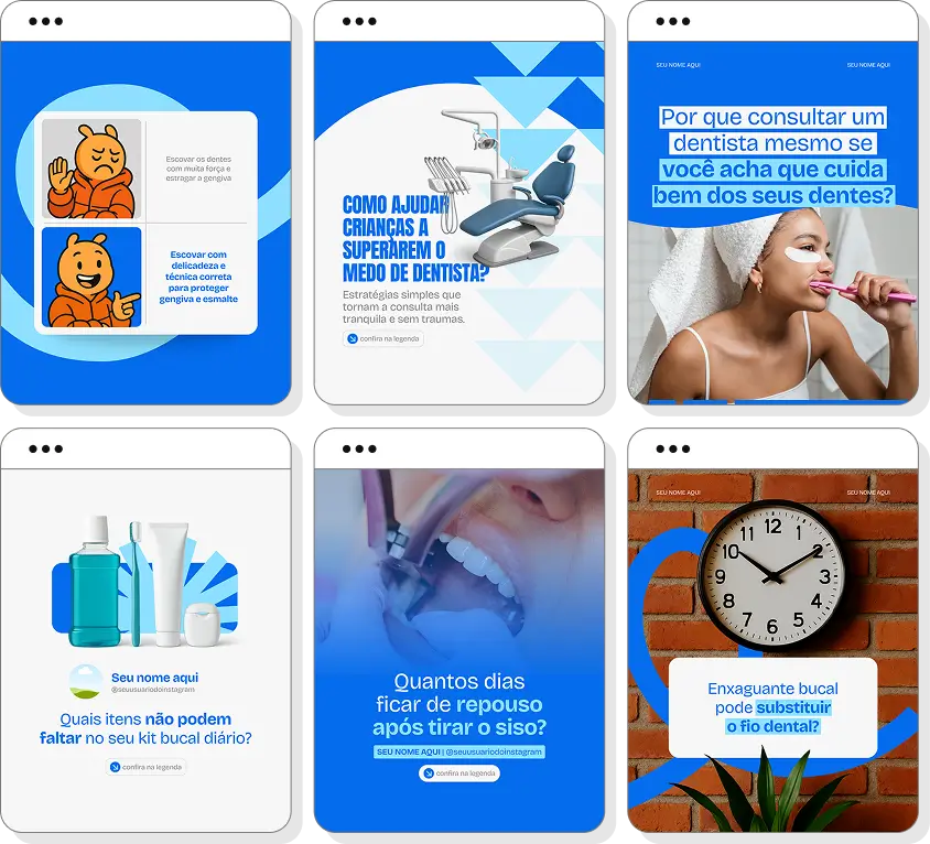 Pack Canva odontologia com conteúdos editáveis para social media de saúde bucal e odontologia