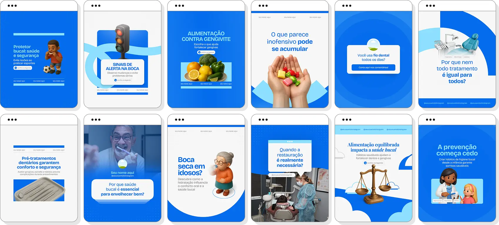 Pack de posts para Instagram odontologia com artes editáveis sobre saúde bucal e tratamentos dentários