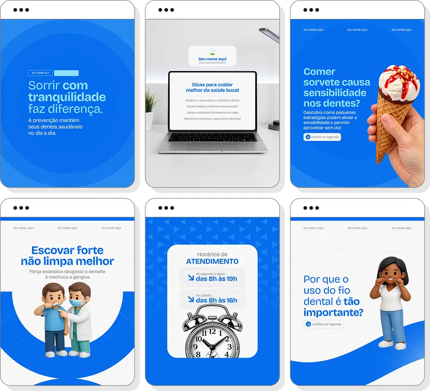 Pack Canva dentista com posts para Instagram de clareamento dental e saúde bucal preventiva