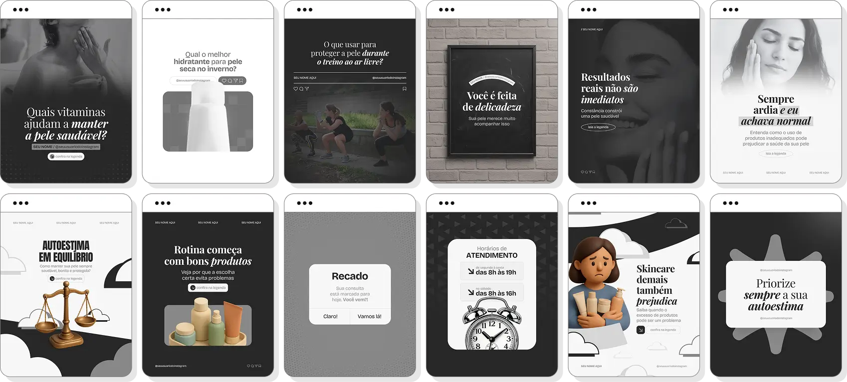 Pack Canva dermatologista com ideias de posts para perfil de Instagram sobre cuidados dermatológicos