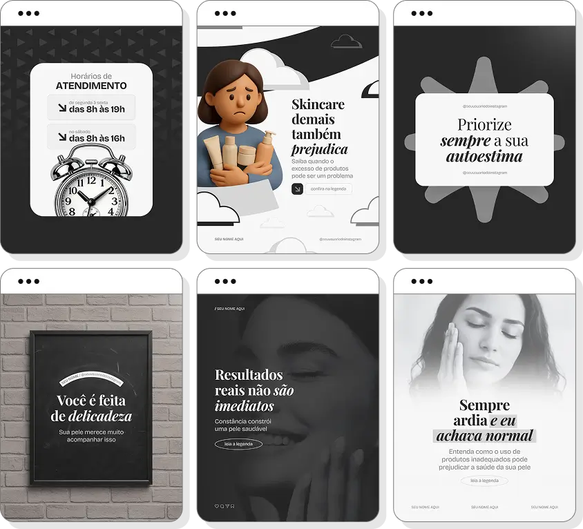 Social media dermatologista com pack de posts para Instagram de skincare e saúde da pele