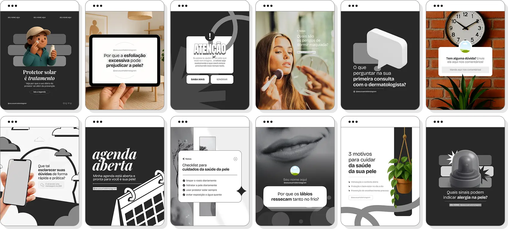 Posts para perfil de dermatologista no Instagram com templates Canva sobre saúde e cuidados com a pele