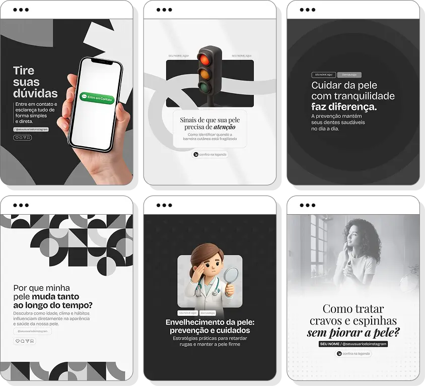 Pack Canva dermatologista com posts para Instagram de cuidados dermatológicos e saúde da pele