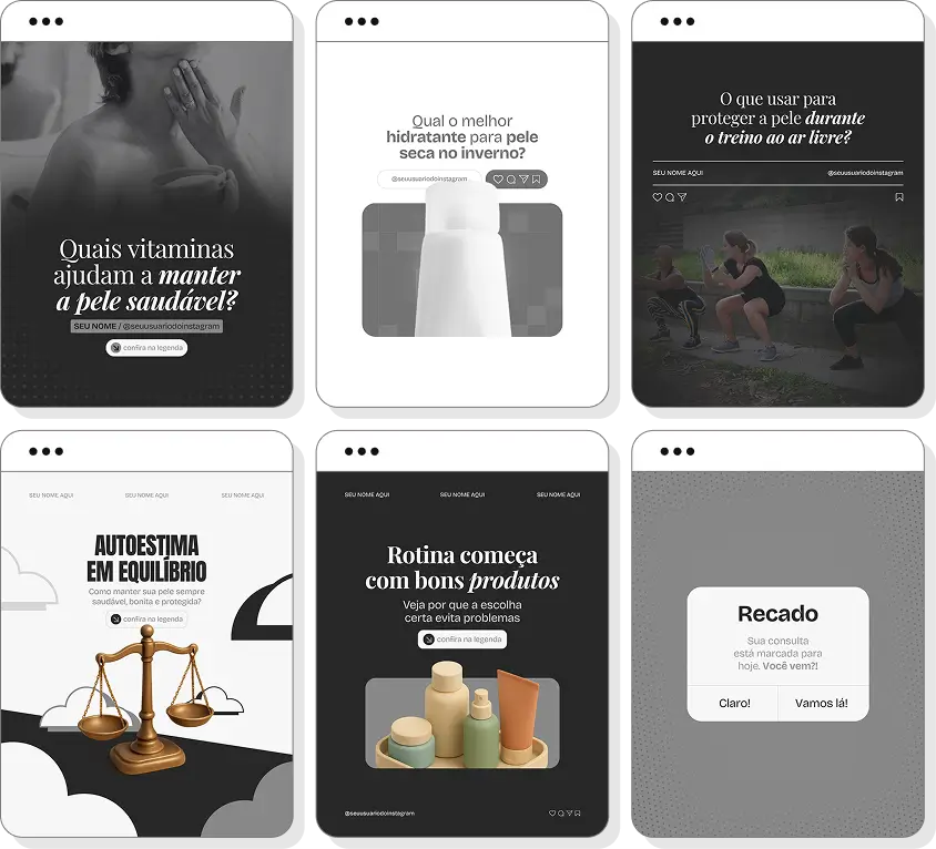 Pack de posts para Instagram dermatologista com artes editáveis sobre dermatologia e skincare