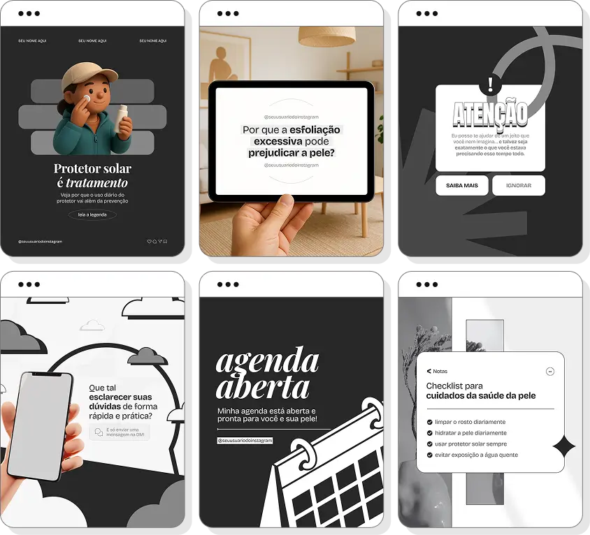 Pack Canva dermatologista com posts para Instagram de acne, manchas e cuidados com a pele