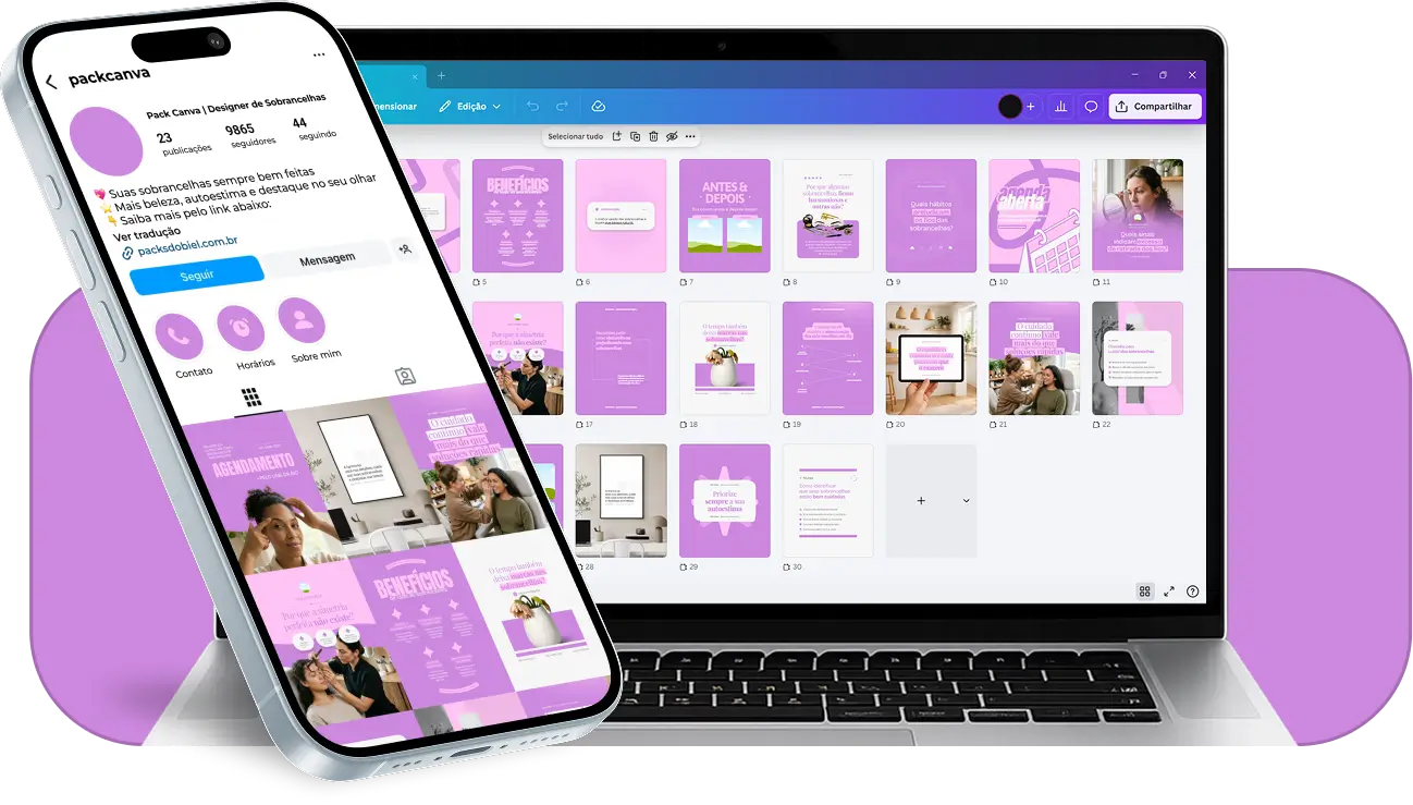 Pack de posts para designer de sobrancelhas com templates no Canva para Instagram sobre design de sobrancelhas e estética