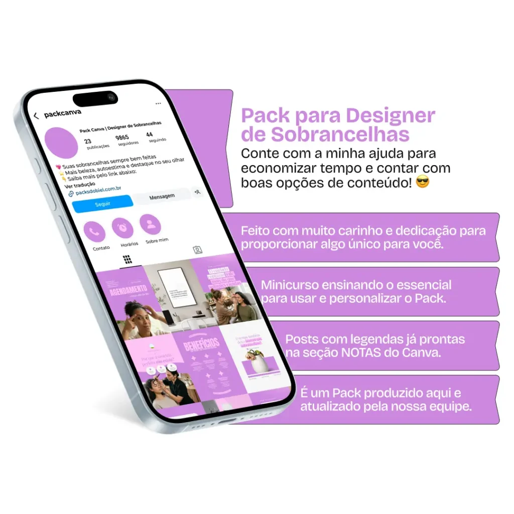 Pack Canva designer de sobrancelhas com ideias de posts para perfil de Instagram sobre sobrancelhas e beleza