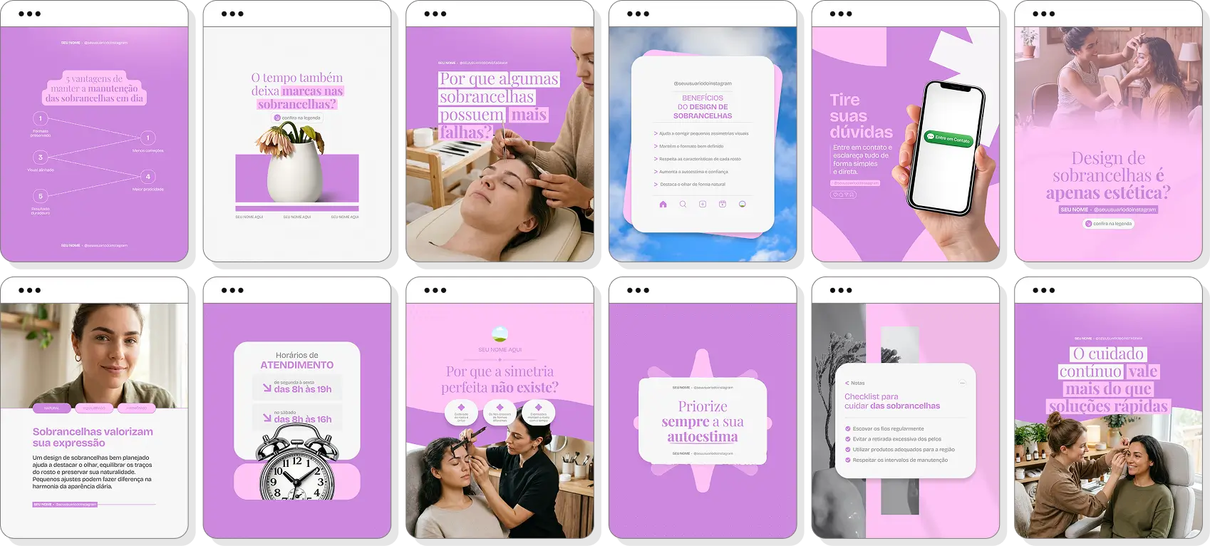 Posts para designer de sobrancelhas com ideias de conteúdo para Instagram sobre estética facial e sobrancelhas