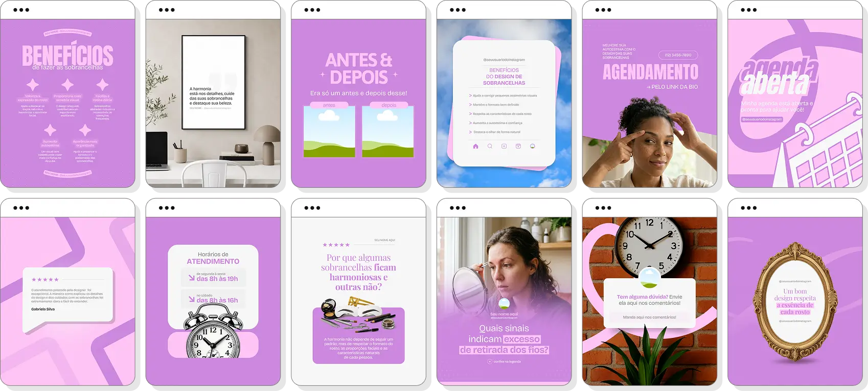 Pack de posts editáveis designer de sobrancelhas com foco em design de sobrancelhas e harmonização facial