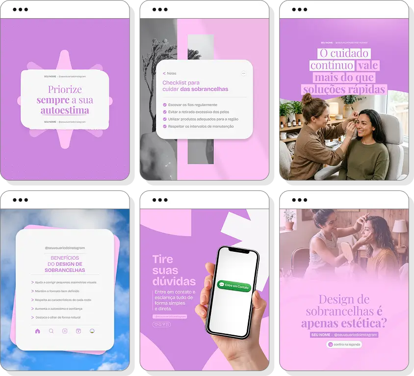 Social media designer de sobrancelhas com pack de posts para Instagram de estética e design de sobrancelhas