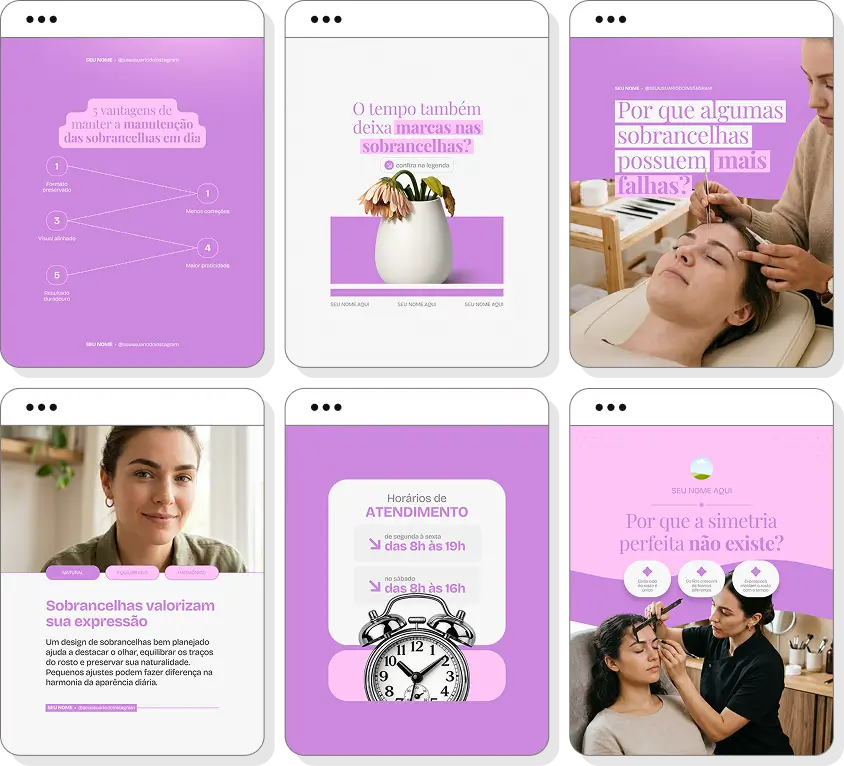Pack social media designer de sobrancelhas com conteúdos para Instagram de estética e sobrancelhas perfeitas