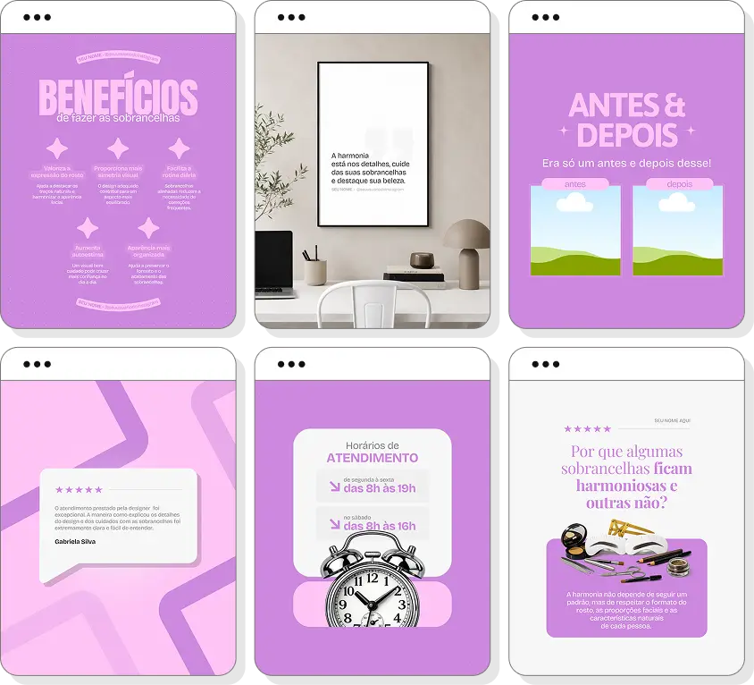 Pack de posts para Instagram designer de sobrancelhas com artes editáveis sobre design de sobrancelhas