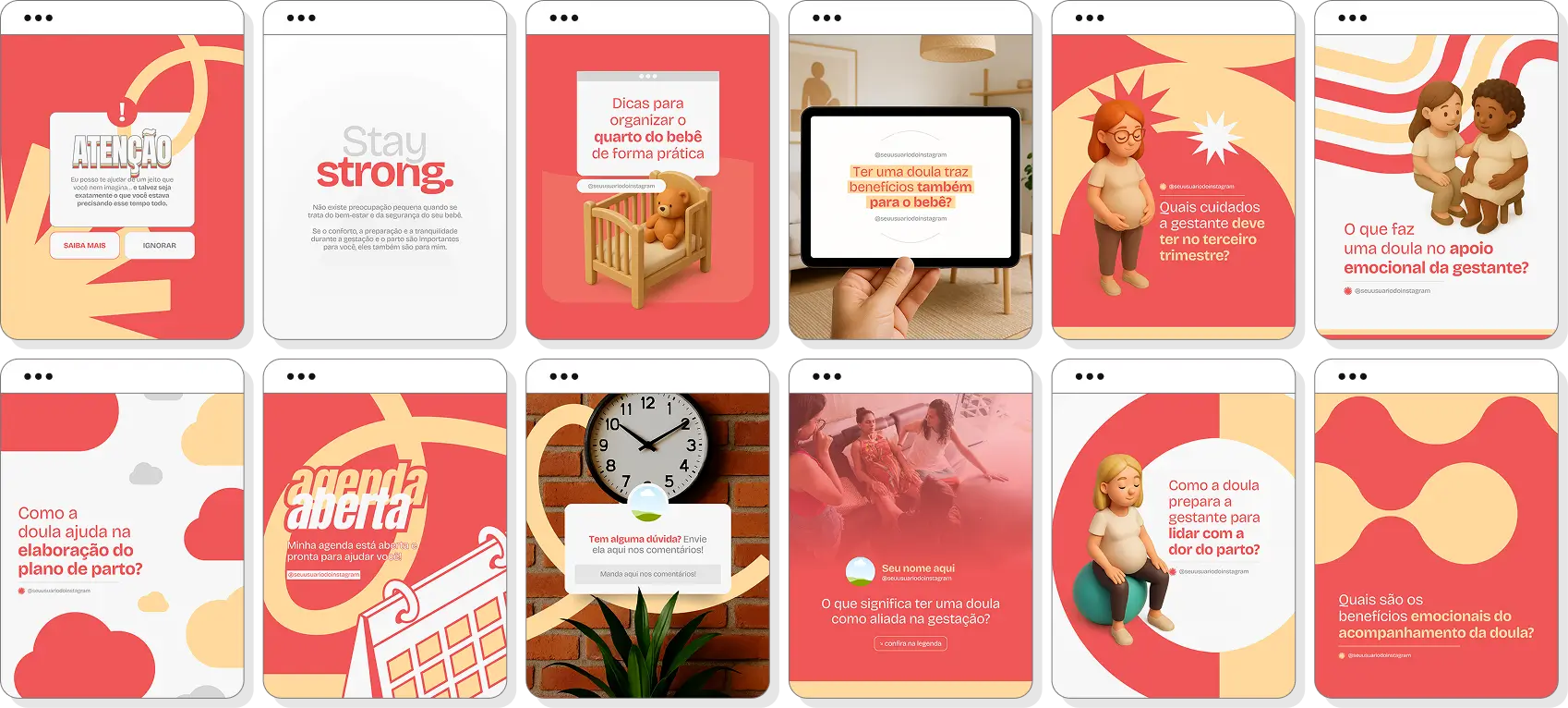 Posts para doula com ideias de conteúdo para Instagram sobre gravidez, parto e maternidade