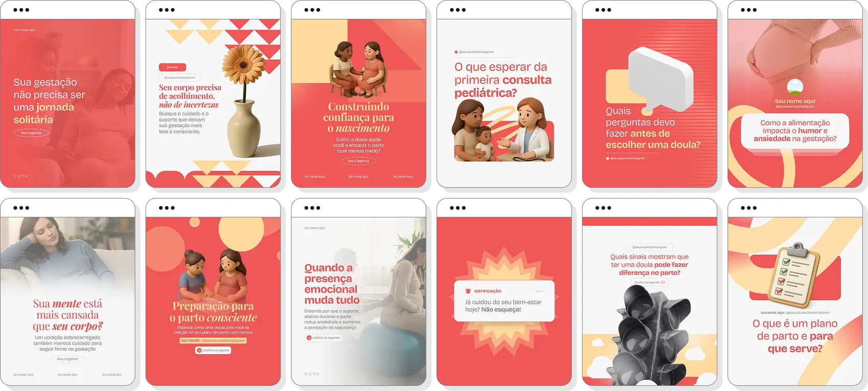 Pack Canva doula com posts editáveis para Instagram de apoio à gestante e parto humanizado