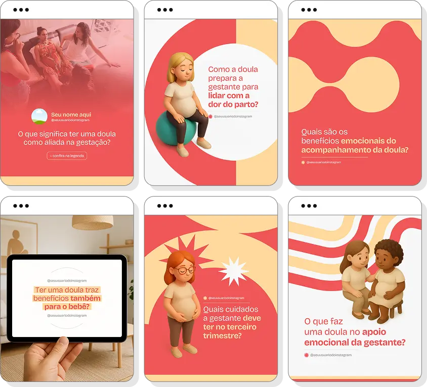 Pack de posts para doula com templates no Canva para Instagram sobre gestação, parto e maternidade