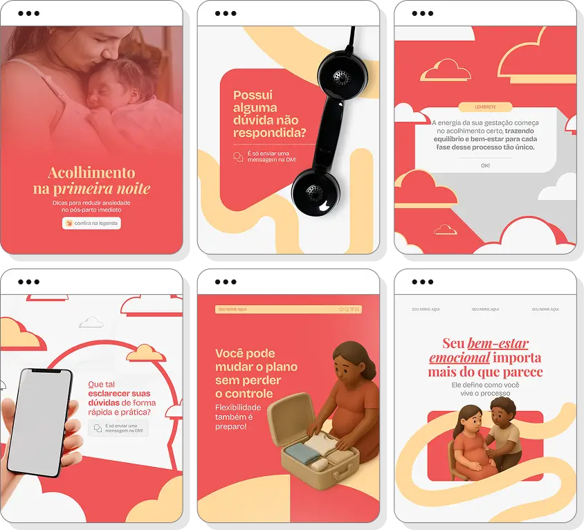 Pack Canva doula com ideias de posts para perfil de Instagram sobre gravidez e parto humanizado