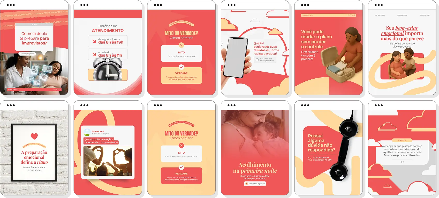 Pack de posts editáveis doula com foco em gestação, acolhimento e parto humanizado
