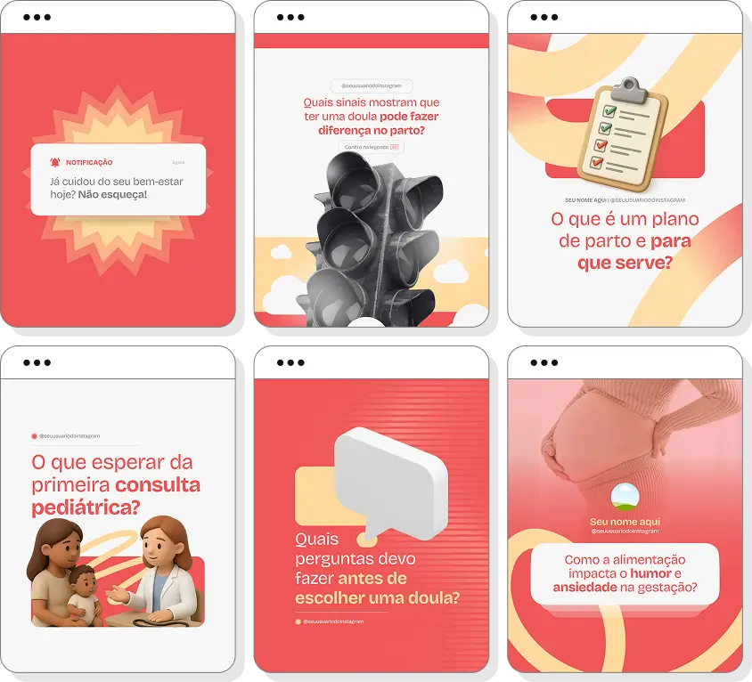 Pack de posts para Instagram doula com artes editáveis sobre parto humanizado e gestação