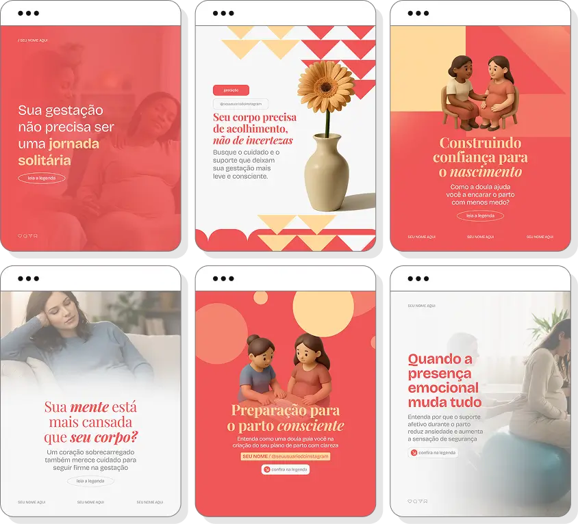Pack social media doula com conteúdos para Instagram de gravidez, parto e apoio à gestante