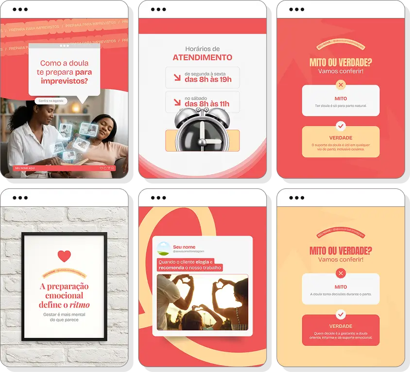 Posts para perfil de doula no Instagram com templates Canva sobre gestação e maternidade