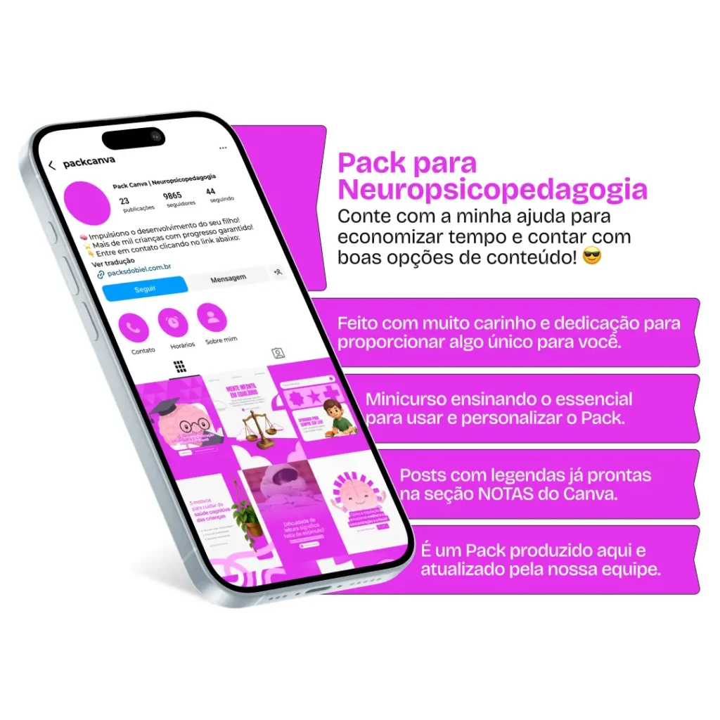 Pack Canva neuropsicopedagogia com posts editáveis para Instagram de desenvolvimento infantil e aprendizagem