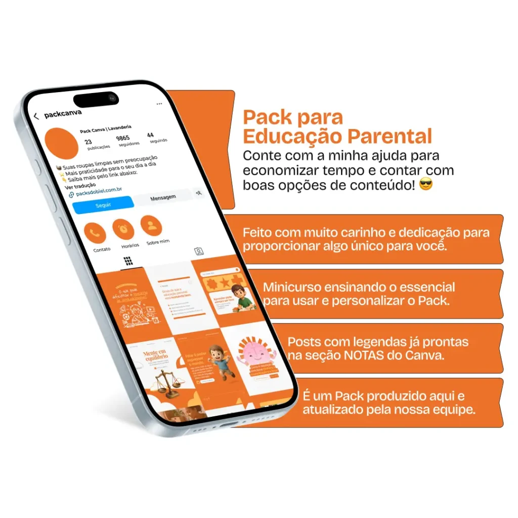 Pack Canva educação parental com posts editáveis para Instagram de parentalidade positiva e desenvolvimento infantil