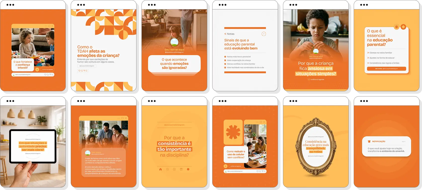 Posts para educação parental com ideias de conteúdo para Instagram sobre comportamento infantil e família