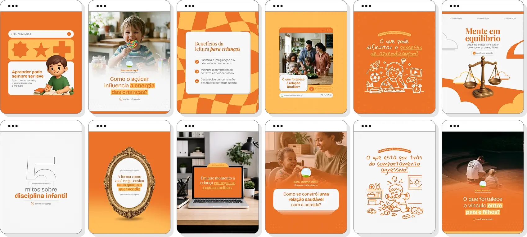 Pack Canva educação parental com posts editáveis para Instagram de disciplina positiva e desenvolvimento infantil
