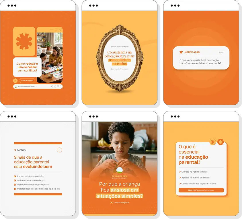 Pack de posts para educação parental com templates no Canva para Instagram sobre criação consciente e família