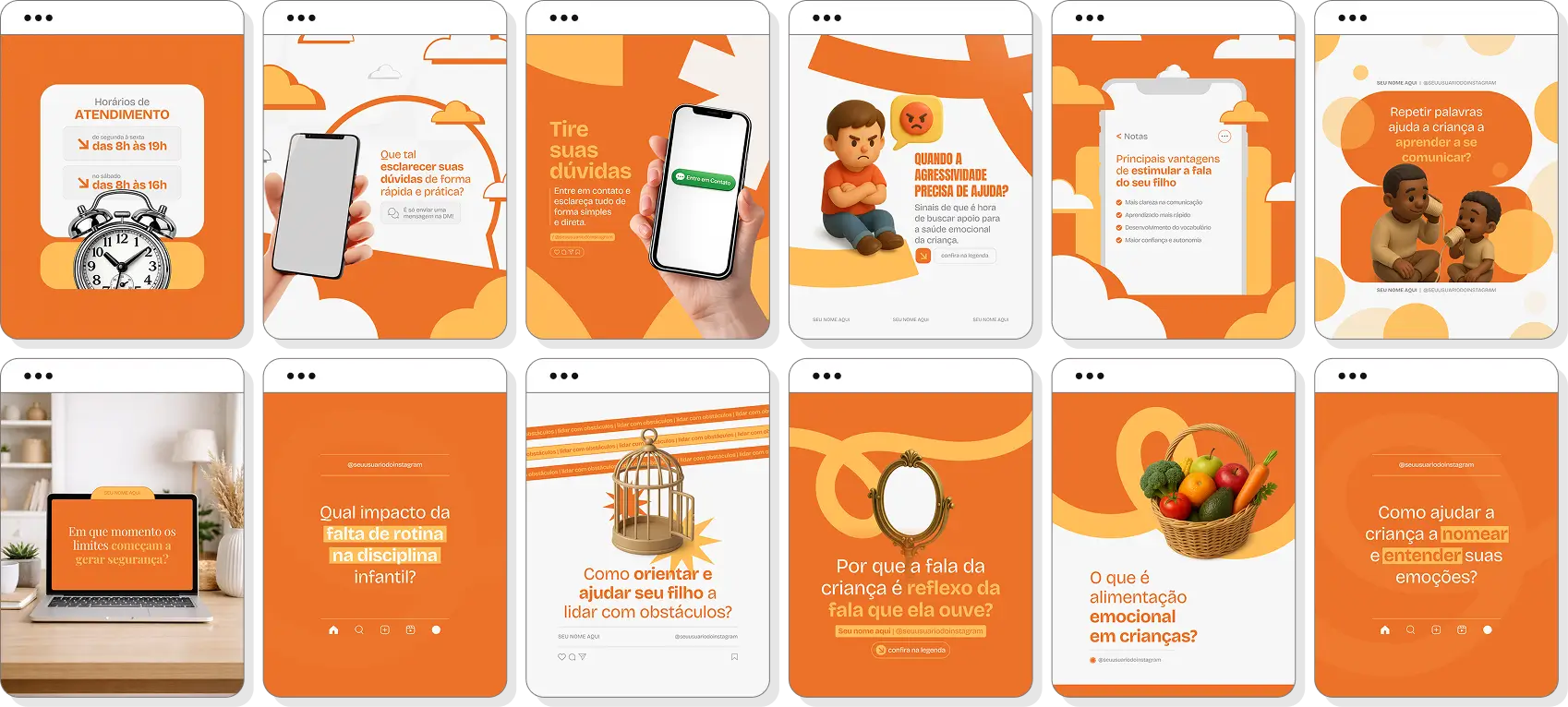 Pack de posts editáveis educação parental com foco em parentalidade positiva e desenvolvimento infantil