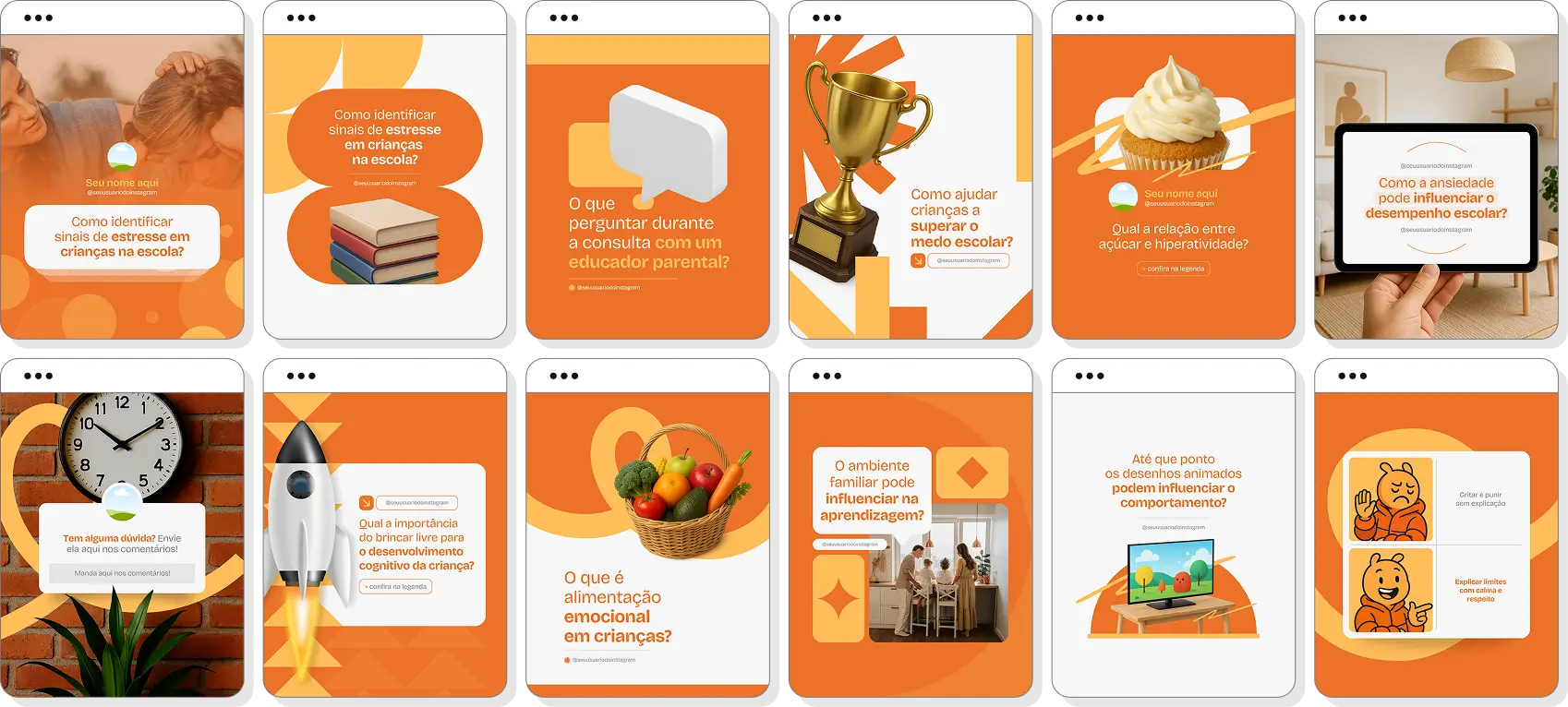 Posts para perfil de educação parental no Instagram com templates Canva sobre parentalidade positiva