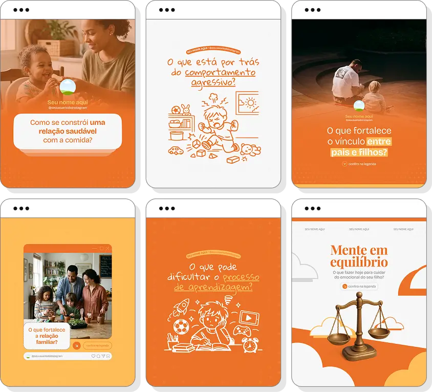 Pack de posts para Instagram educação parental com artes editáveis sobre desenvolvimento infantil