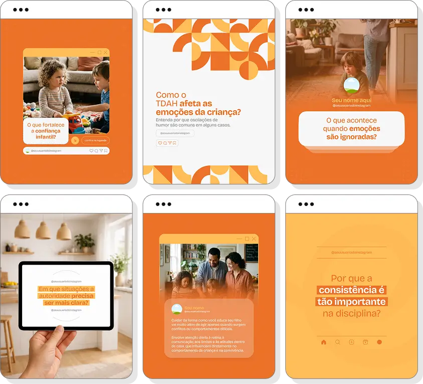 Social media educação parental com pack de posts para Instagram de educação de filhos e família